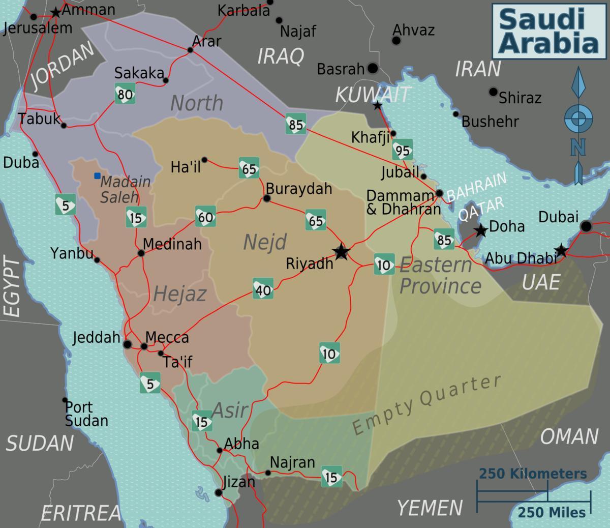 Ramani ya Saudi Arabia na miji umbali